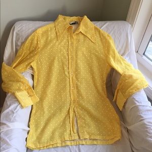 Yellow Button down Shirt with While Polka Dots